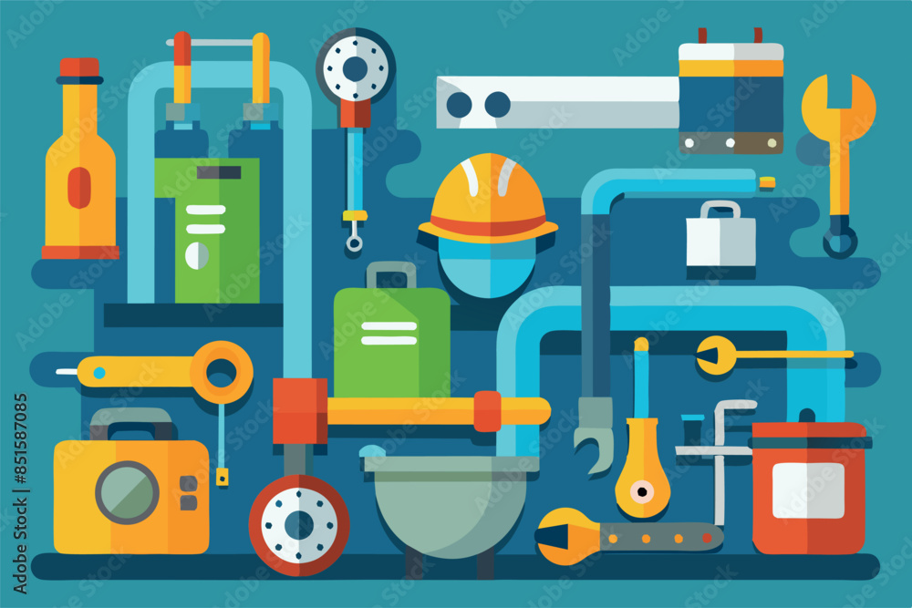 various tools and equipment commonly used in a workshop or for maintenance. The items are arranged in a complex, interconnected manner, reminiscent of a piping diagram or electrical schematic. various tools and equipment commonly used in a workshop or for maintenance. The items are arranged in a complex, interconnected manner, reminiscent of a piping diagram or electrical schematic.