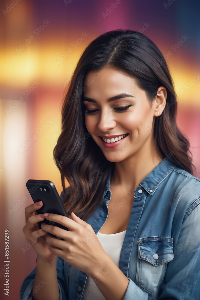 Smiling Young Woman Using Smartphone in Casual Denim Jacket, Capturing Joyful Moment with Warm Background Lighting Smiling Young Woman Using Smartphone in Casual Denim Jacket, Capturing Joyful Moment with Warm Background Lighting