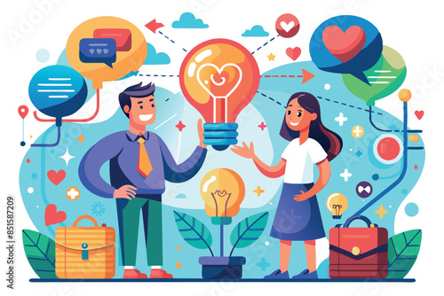 of two people holding a light bulb between them, which symbolizes an idea or collaboration. In the background are various icons, which hints at creativity and communication.
