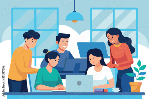 A modern office with people working at a shared desk on laptops. theme of a modern, collaborative and technology-oriented work culture.
