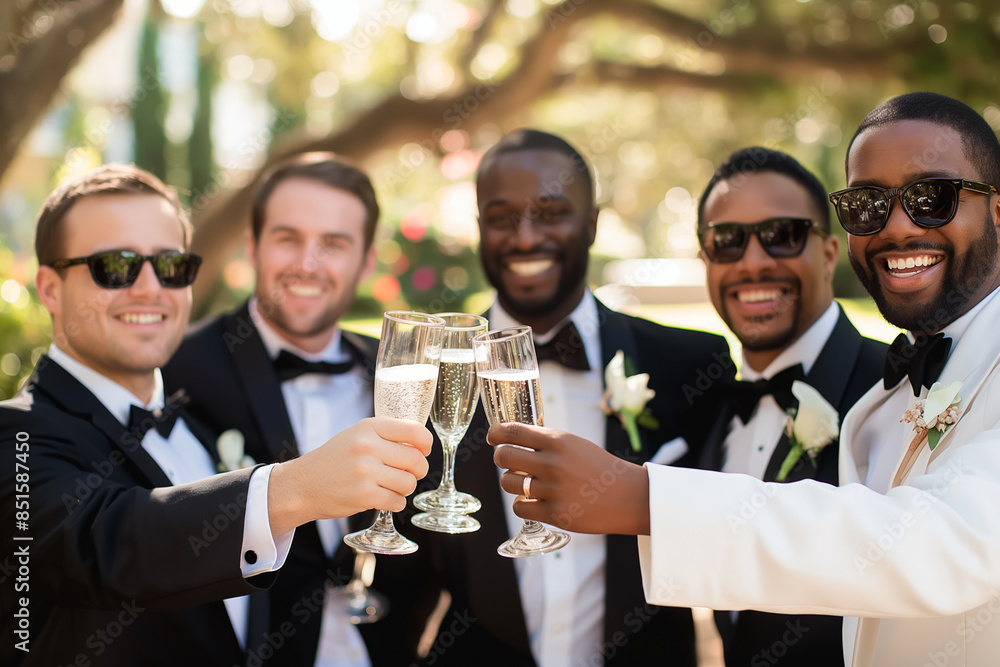 Groomsmen toasting with champagne glasses symbolizing camaraderie and celebration Groomsmen toasting with champagne glasses symbolizing camaraderie and celebration