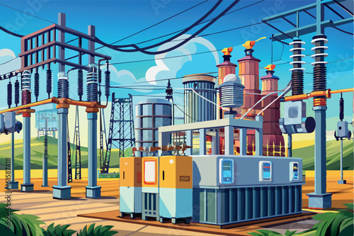 electrical substation. High-voltage insulators, transformers and power lines are visible. the theme of electricity distribution and energy infrastructure. a sense of order and stability,