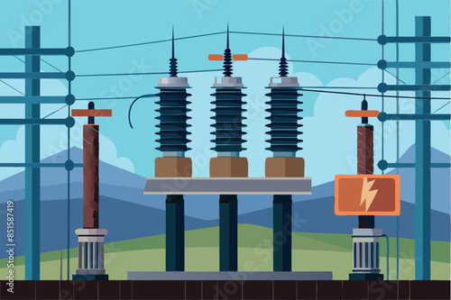 electrical substation. High-voltage insulators, transformers and power lines are visible. the theme of electricity distribution and energy infrastructure. a sense of order and stability,