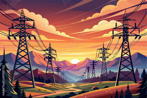 a landscape with high-voltage power lines in the foreground. Hills or mountains are visible in the background. The scene emphasizing the interaction of technology and nature.