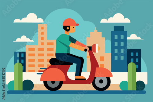 a courier riding a red scooter. In the background you can see a cityscape with various buildings. the theme is urban transportation, eco-friendly travel or life in the city.