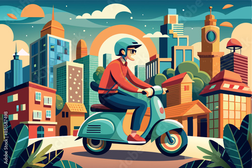 a courier riding a red scooter. In the background you can see a cityscape with various buildings. the theme is urban transportation, eco-friendly travel or life in the city.