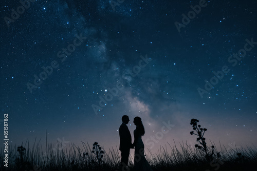 Bride and groom capturing romantic moment under starry sky showcasing timeless love 