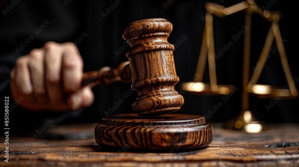 Justice Hammer and Scales of Justice on a Wooden Table Justice Hammer and Scales of Justice on a Wooden Table