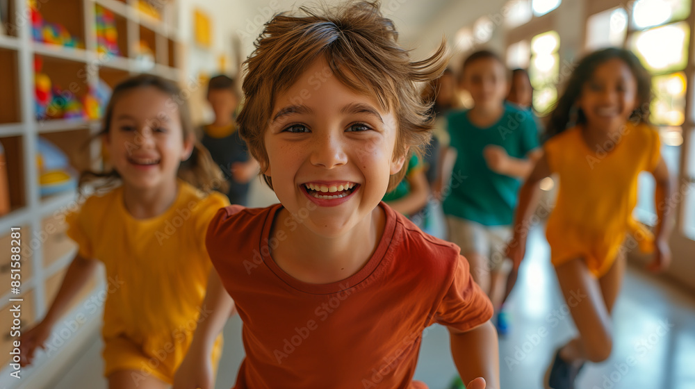Group of happy children running towards the camera in a bright classroom. Great for education, childhood, and activity themes. Generated AI Group of happy children running towards the camera in a bright classroom. Great for education, childhood, and activity themes. Generated AI