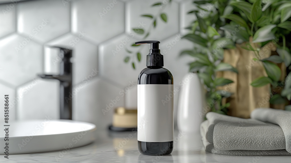 Lotion bottle with a blank label on a bathroom counter. Perfect for skincare, cosmetics, and product mockups. Generated AI Lotion bottle with a blank label on a bathroom counter. Perfect for skincare, cosmetics, and product mockups. Generated AI