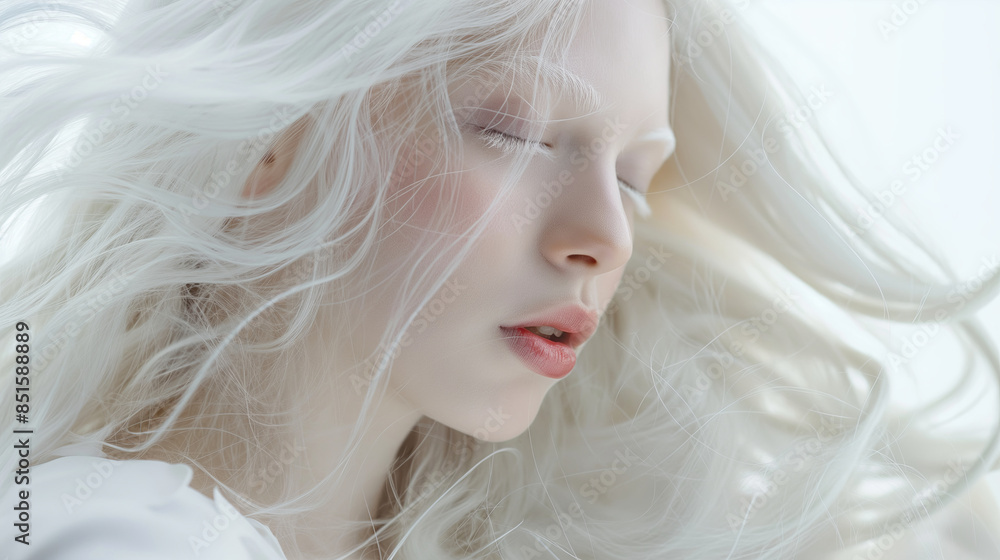 Close-up portrait of a young woman with white hair in an ethereal, soft light. Suitable for beauty and fashion editorials. Generated AI Close-up portrait of a young woman with white hair in an ethereal, soft light. Suitable for beauty and fashion editorials. Generated AI
