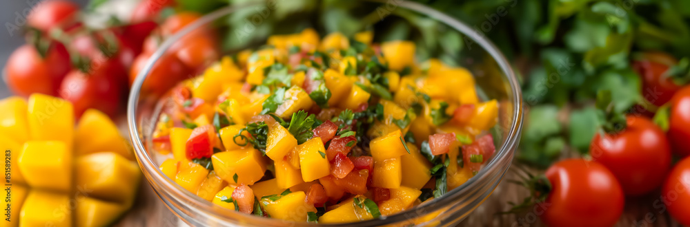 Spicy mango salsa with diced tomatoes and cilantro Spicy mango salsa with diced tomatoes and cilantro