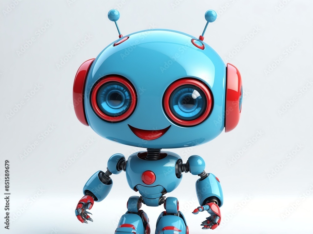 smiling blue red robot cyborg cute d art illustration in plain white background smiling blue red robot cyborg cute d art illustration in plain white background