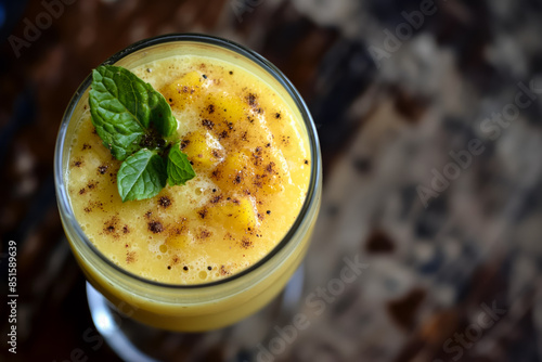 Sweet mango lassi with a hint of cardamom and mint leaf garnish 