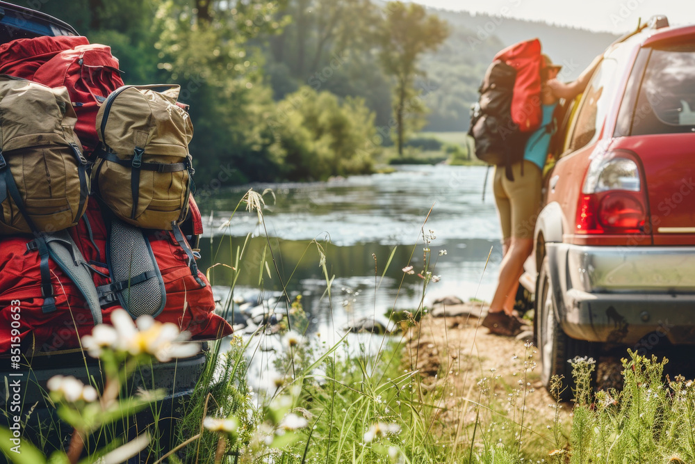 Obraz premium Backpackers by River in Morning Light