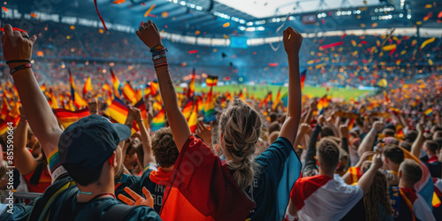Excited soccer fans celebrate with raised arms and flags in a crowded stadium during a vibrant sports event.
