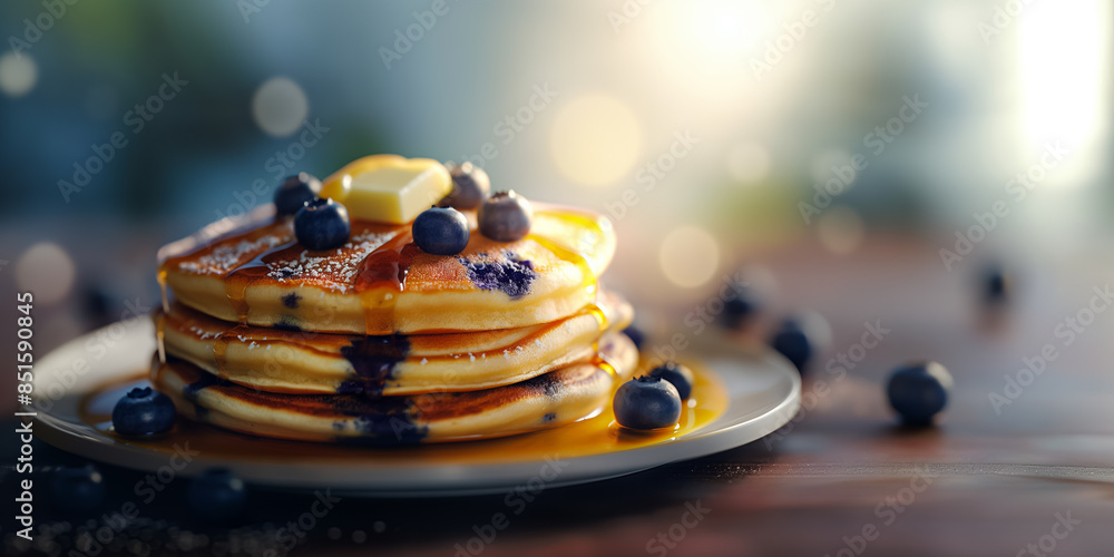 Fluffy blueberry pancake with a pat of melting butter Fluffy blueberry pancake with a pat of melting butter