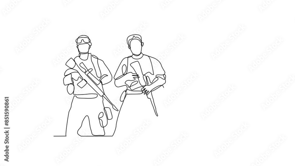 Animated self drawing of soldiers holding weapons during war drills in a training camp showing in video design illustration. Soldier training activity illustration in simple linear style video design. Animated self drawing of soldiers holding weapons during war drills in a training camp showing in video design illustration. Soldier training activity illustration in simple linear style video design.