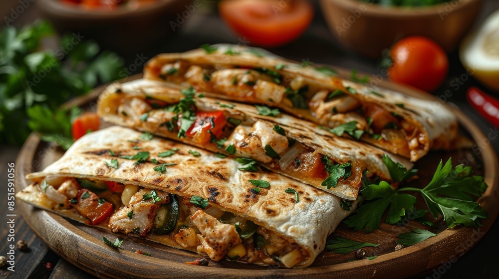 Close-up of a stuffed quesadilla with chicken and vegetables on a wooden serving plate, showing the rich and colorful filling Close-up of a stuffed quesadilla with chicken and vegetables on a wooden serving plate, showing the rich and colorful filling