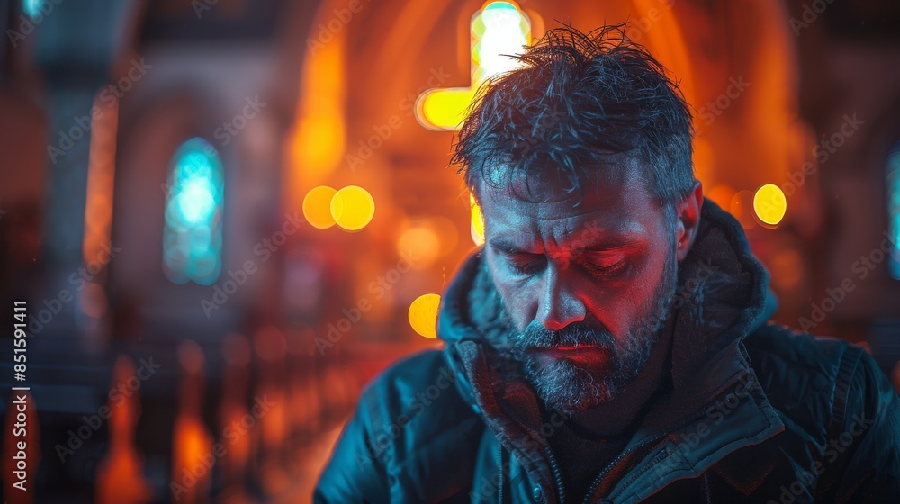 Person in winter jacket standing in front of colorful bokeh lights, face blurred
