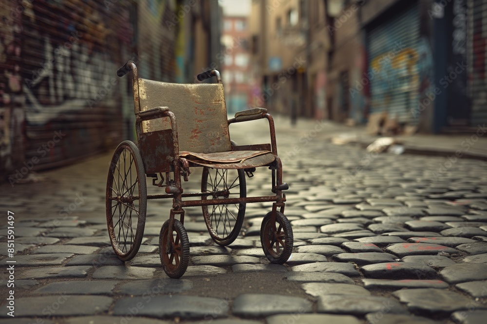 Fototapeta premium Abandoned Wheelchair on a Cobblestone Street. Empty Wheelchair in an Urban Alleyway