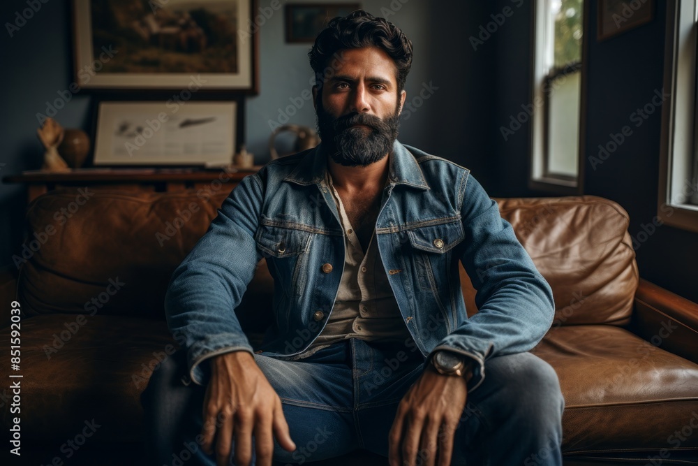 Portrait of a glad indian man in his 40s sporting a rugged denim jacket over crisp minimalistic living room Portrait of a glad indian man in his 40s sporting a rugged denim jacket over crisp minimalistic living room