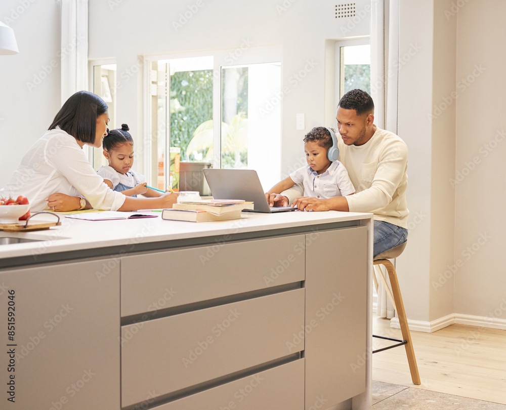 Parents, children and laptop in kitchen with books for education, online learning or development. Technology, young kids and father man with woman for teaching, support or knowledge in family home Parents, children and laptop in kitchen with books for education, online learning or development. Technology, young kids and father man with woman for teaching, support or knowledge in family home