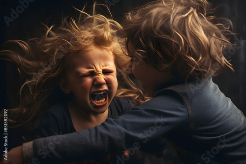 Little children brother and sister screaming with emotions and hysterics fight each other. photo