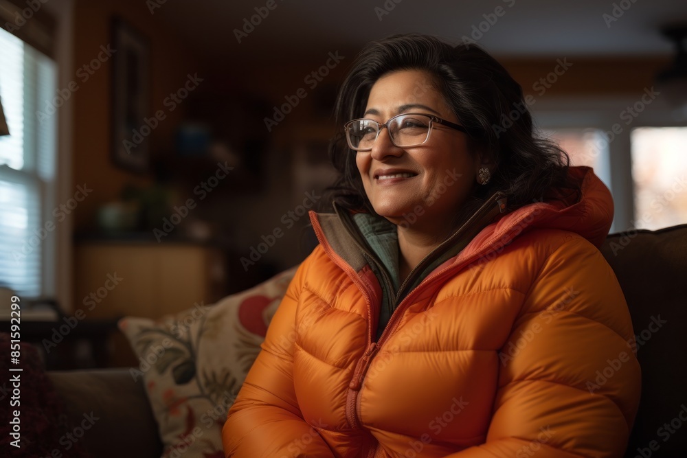 Fototapeta premium Portrait of a satisfied indian woman in her 50s sporting a quilted insulated jacket on crisp minimalistic living room