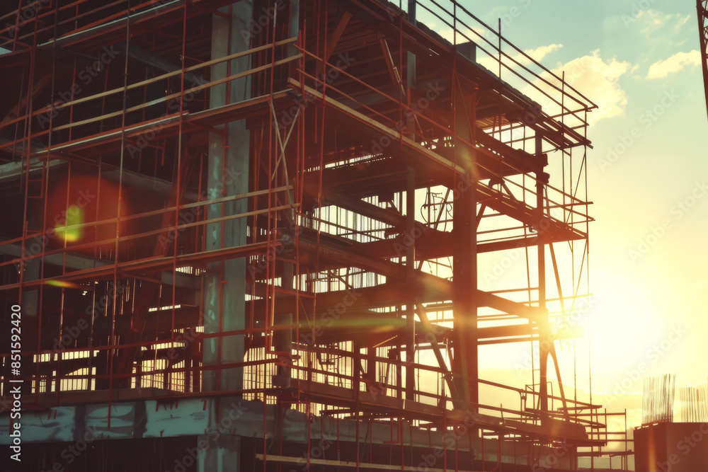 new building construction, modern industrial architecture under development with steel frame and wooden scaffolding. building under construction, industrial development new building construction, modern industrial architecture under development with steel frame and wooden scaffolding. building under construction, industrial development
