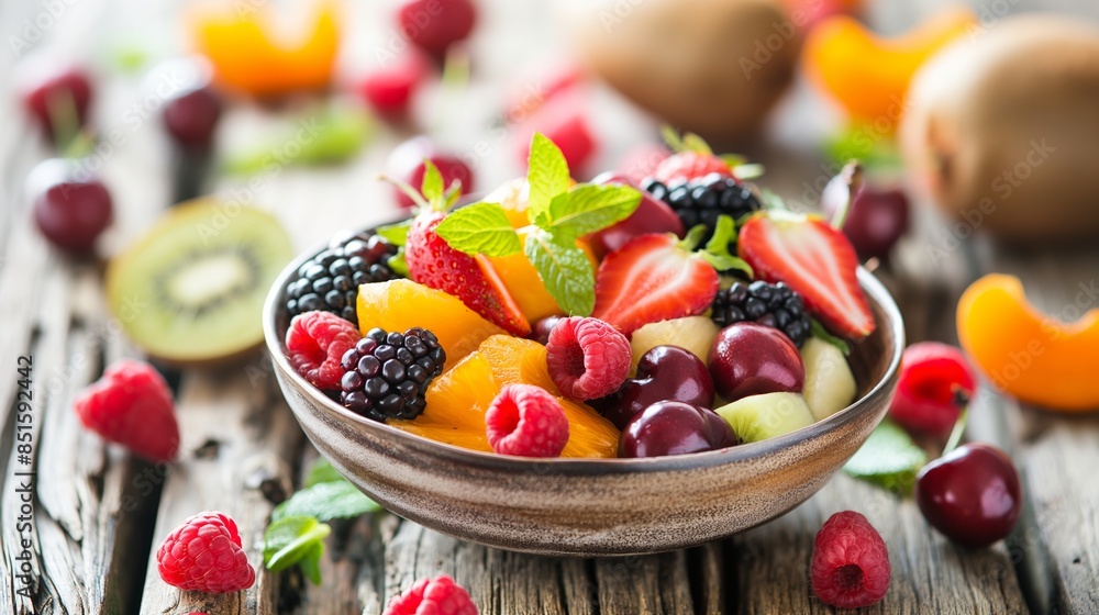 Fresh Fruit Salad with Berries and Citrus. Bowl of Mixed Fresh Fruits on Wooden Table