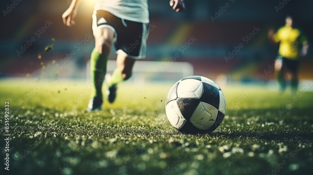 Fototapeta premium generated illustration of close up of legs and feet of footballer on green grass