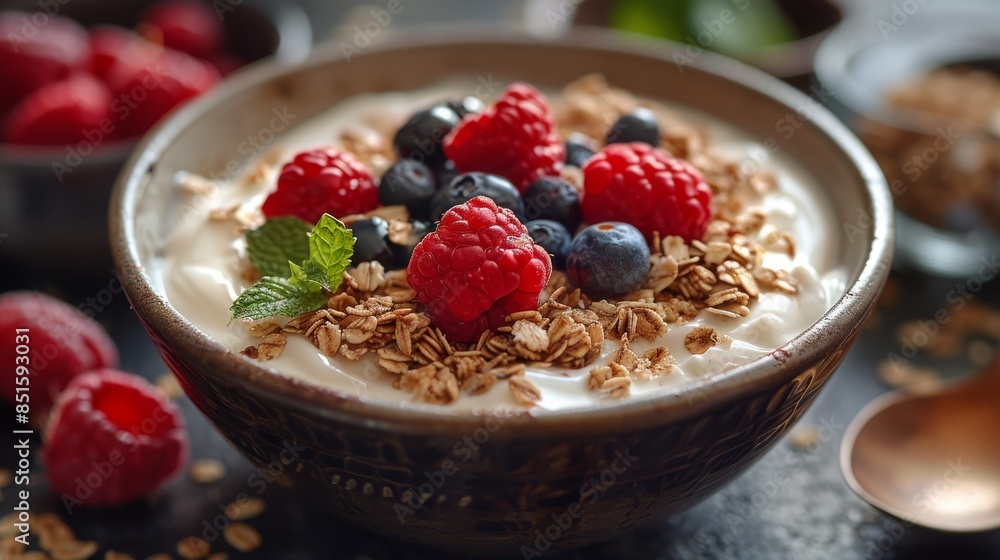 Yogurt in a ceramic bowl topped with granola, raspberries, and blueberries, garnished with a mint leaf Yogurt in a ceramic bowl topped with granola, raspberries, and blueberries, garnished with a mint leaf
