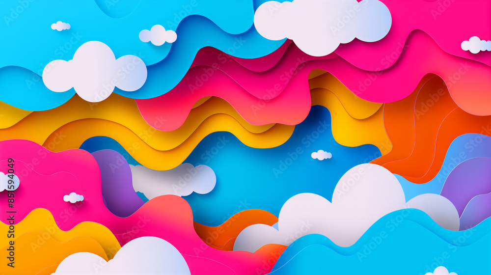A colorful paper cutout of a sky with clouds and a rainbow. The sky is filled with different colors and the clouds are scattered throughout the sky A colorful paper cutout of a sky with clouds and a rainbow. The sky is filled with different colors and the clouds are scattered throughout the sky