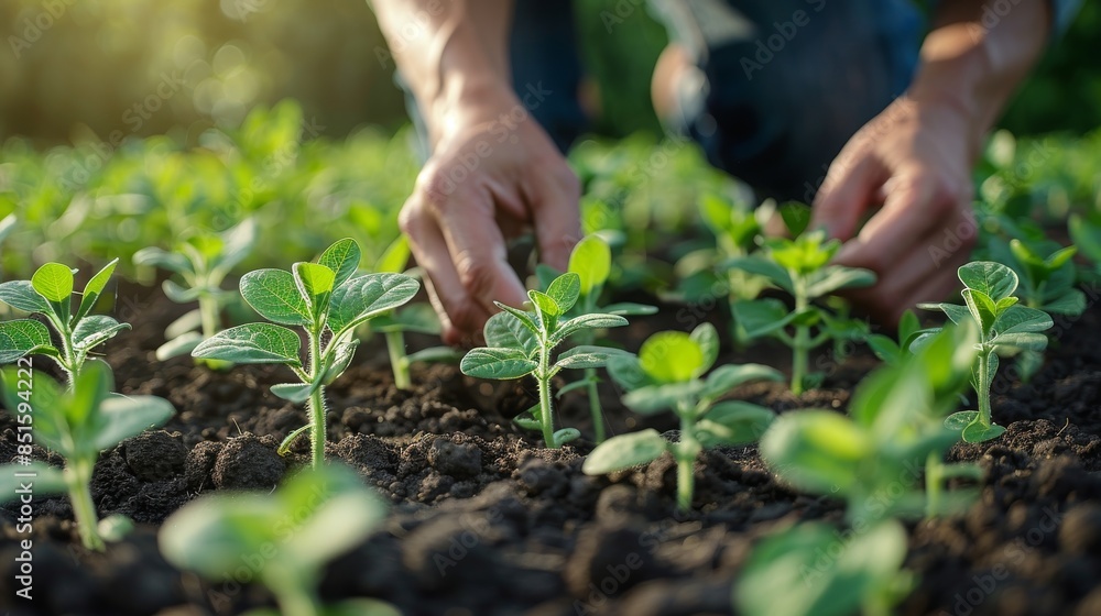 Close-up of hands gently caring for a green sapling, illustrating dedication to crop cultivation Close-up of hands gently caring for a green sapling, illustrating dedication to crop cultivation
