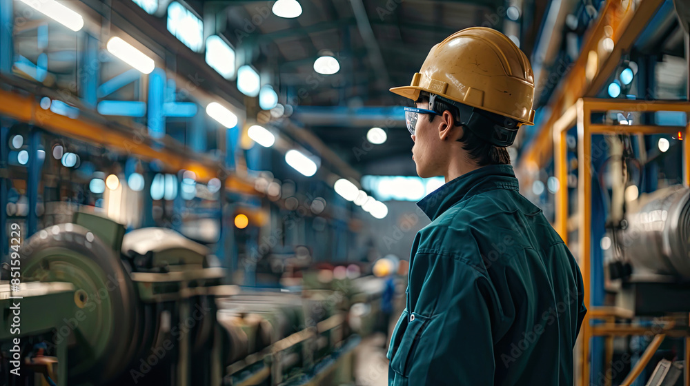 Worker in a yellow helmet standing in a factory Worker in a yellow helmet standing in a factory