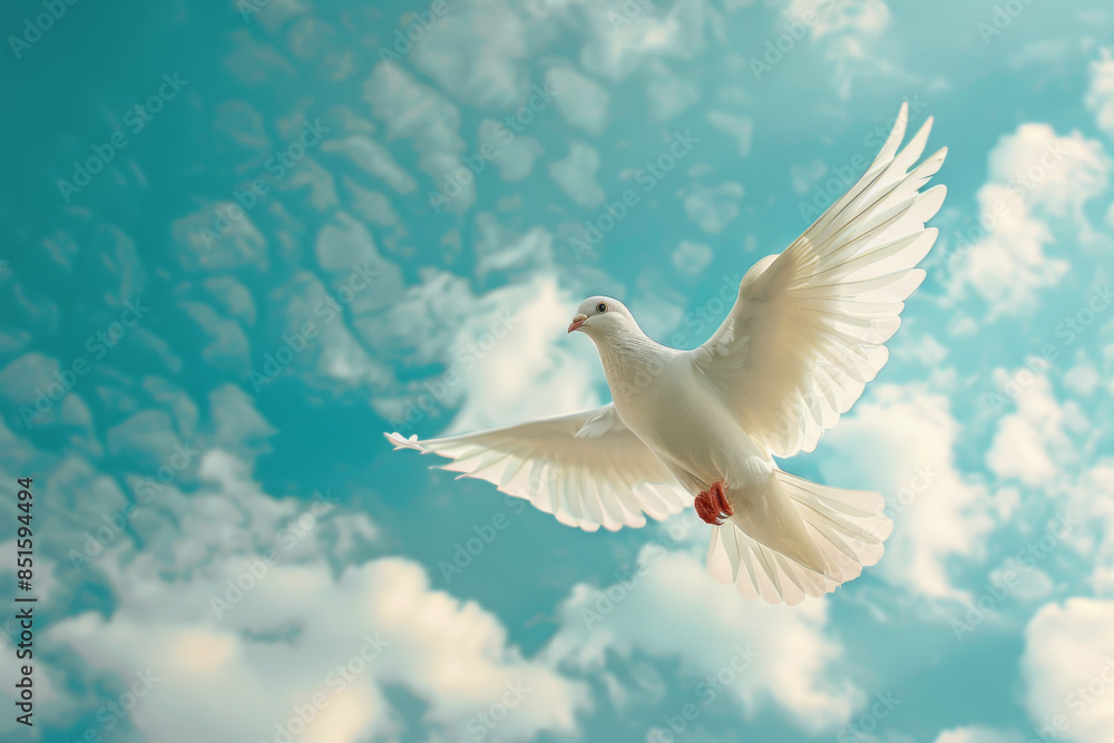 Fototapeta premium white dove flying with open wings in the sky with clouds