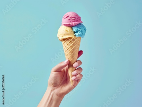 Hyperrealistic natural look a hand holding ice cream cone with solid color background, pastel color scheme, high resolution photography, high quality photo taken in the style of Canon dslr camera