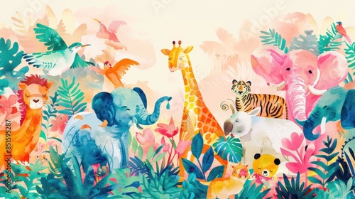 Colorful and whimsical birthday party invite featuring charming watercolor zoo animals on a lively backdrop.