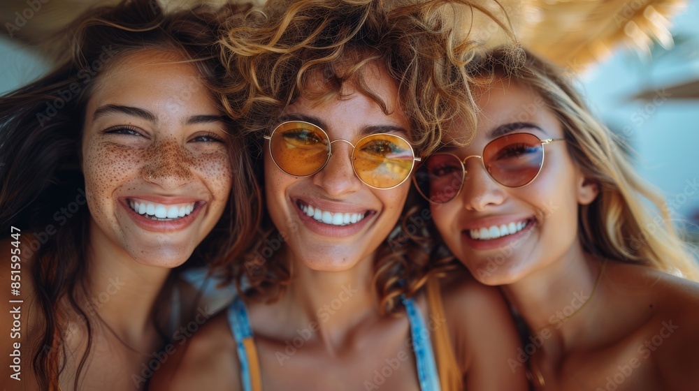 Fototapeta premium Three joyful curly-haired women in sunglasses huddled together, sharing a warm, sunny moment