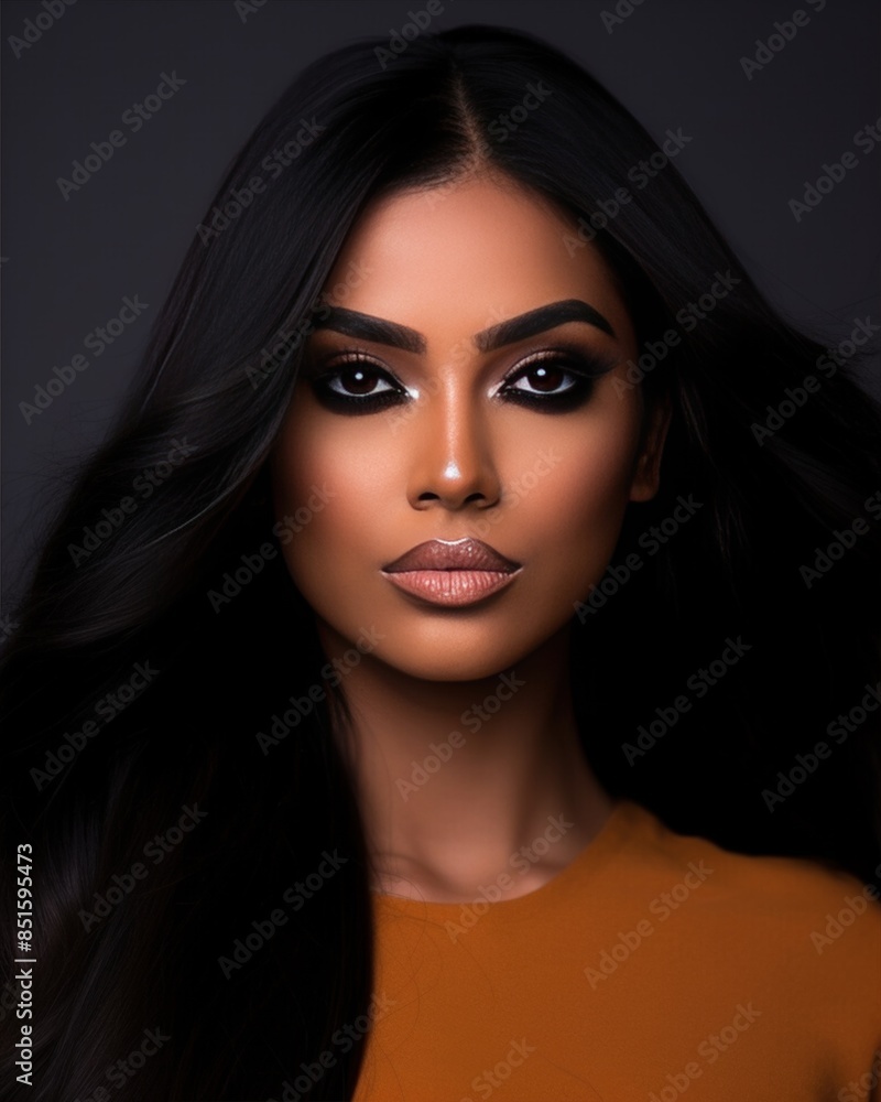 Portrait of a stunning woman with sleek black hair, trendy makeup, looking confidently at the camera. Portrait of a stunning woman with sleek black hair, trendy makeup, looking confidently at the camera.