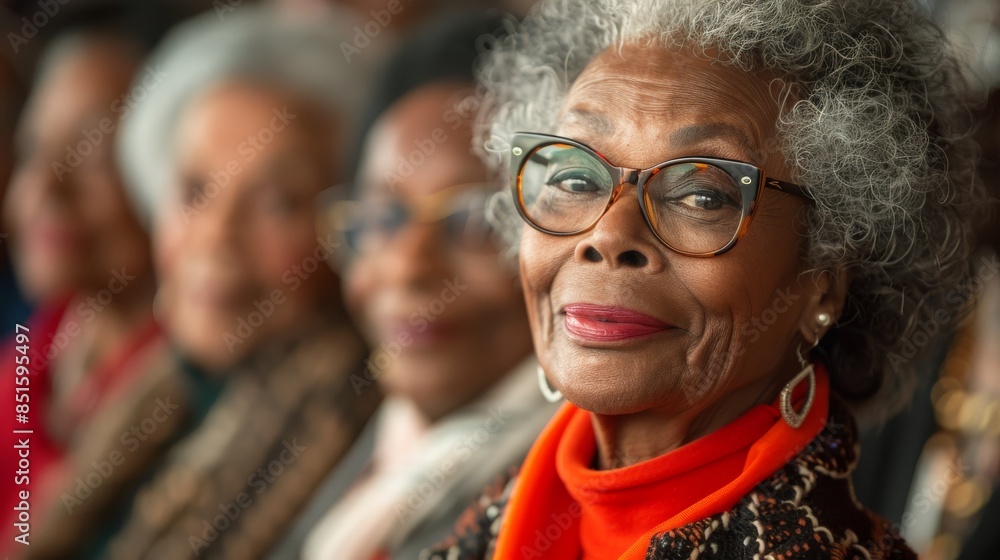 Obraz premium Portrait of a senior woman in vibrant attire, possibly at a social event or gathering, highlighting her unique style