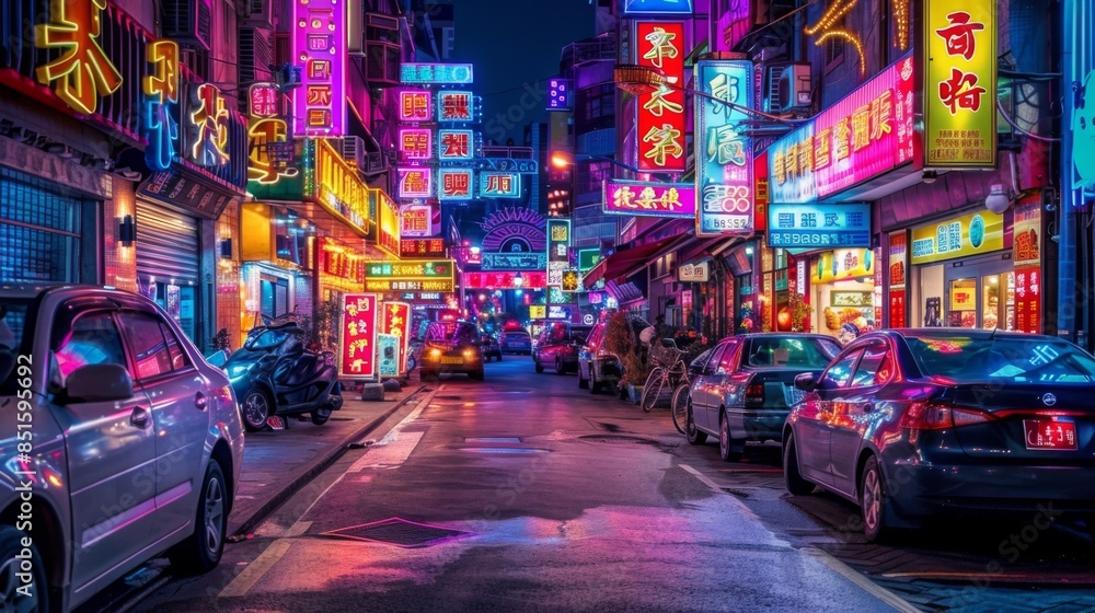 A city street at night with neon signs and brightly lit storefronts, capturing the energy and color of urban life. A city street at night with neon signs and brightly lit storefronts, capturing the energy and color of urban life.