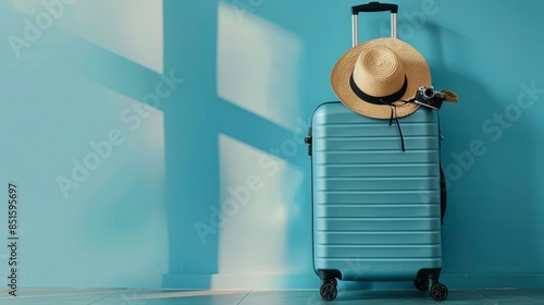 The blue suitcase with hat photo