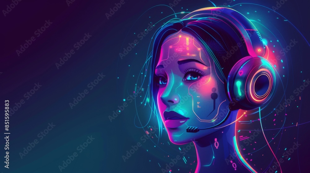 Humanoid female robot avatar chatbot. Round icon of AI face in image. Logo of AI chatbot for online technical support. Headset with microphone on head Humanoid female robot avatar chatbot. Round icon of AI face in image. Logo of AI chatbot for online technical support. Headset with microphone on head