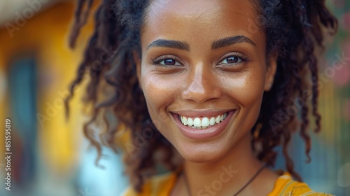 A radiant close-up portrait of a cheerful woman with a contagious bright smile against a vibrant backdrop photo