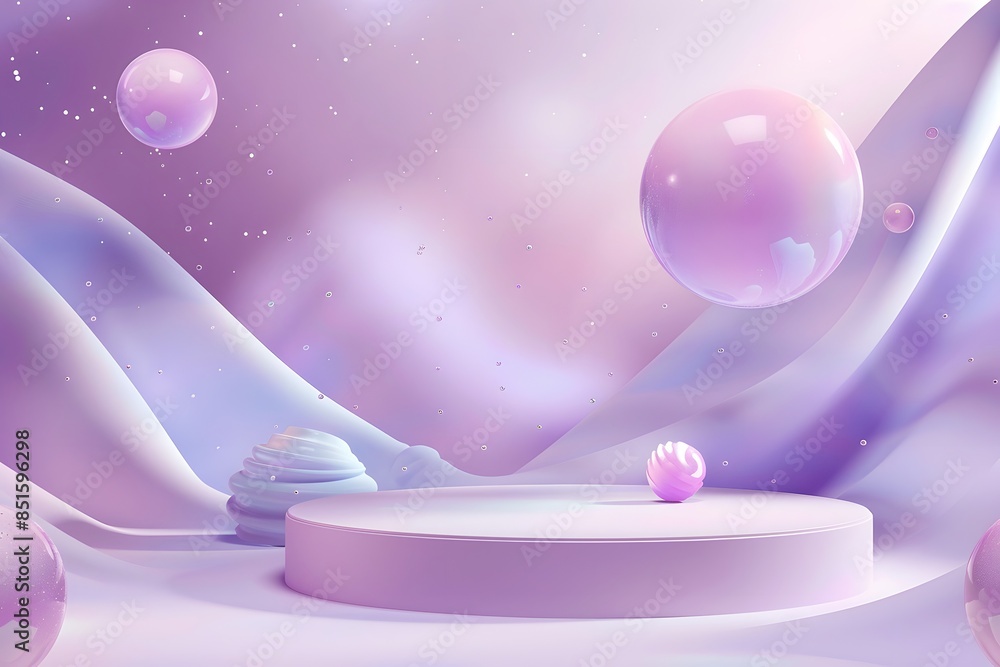 A purple podium with spheres floating around it, creating an atmosphere of lightness and minimalism. The background is purple in color, creating a soft tone that complements the stage design. A purple podium with spheres floating around it, creating an atmosphere of lightness and minimalism. The background is purple in color, creating a soft tone that complements the stage design.