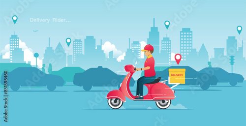 Male rider rushes to deliver goods through traffic jams in the city.