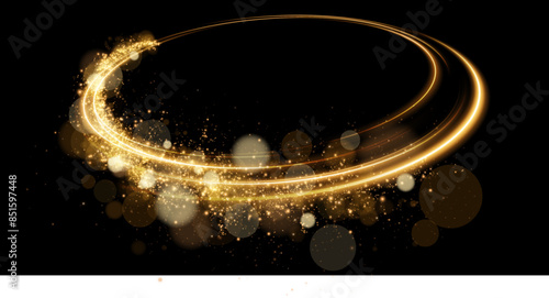 Sparks of dust and golden stars shine with special light. Trace of speed lines. Vector sparks on transparent dark background. Christmas light effect. Sparkling particles of magic dust.	
