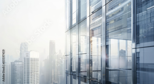 A closeup of the exterior wall glass windows on an office building in an urban cityscape.